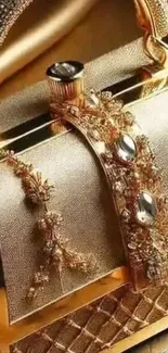Opulent gold handbag with jewel details.