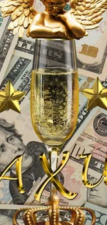 Golden themed mobile wallpaper with currency and champagne.