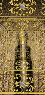 Luxurious gold ornamental wallpaper with intricate patterns and designs.