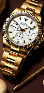 Luxury gold watch with elegant design on brown background.