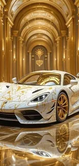 White and gold sports car in opulent palace.