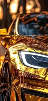 Golden car with reflective surface and dramatic lighting, perfect for wallpaper.