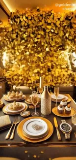 Luxurious golden jet interior with opulent decor and dining setup.