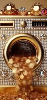 Golden washing machine with jewels and coins in a luxurious setting.