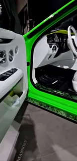 Luxurious green car interior with stylish design elements.