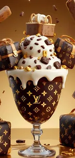 Luxury ice cream with designer theme on phone wallpaper.