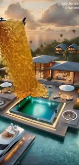 Digital artwork of a luxury island villa with a helicopter pouring gold.