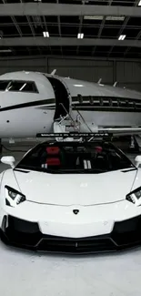 Luxury sports car and private jet in a sleek hangar setting.