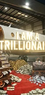 Luxury jet with money and accessories in hangar.