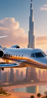 Luxury jet flying over cityscape at sunset with clear sky.