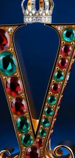 Jeweled crown with vibrant gemstones on blue background.
