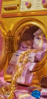 Golden washing machine overflowing with cash and jewels.