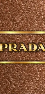 Prada logo on leather-textured background with gold accents.