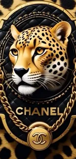 Luxurious mobile wallpaper with leopard and gold accents in Chanel style.
