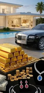 Luxury car, gold bars, and jewelry in lavish setting.