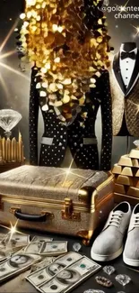 Luxury items with gold suits, diamonds, and cash in elegant display.