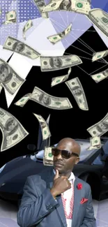 Stylish businessman and luxury car with raining money background.