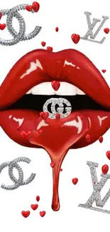 Elegant red lips and luxury logos on a stylish wallpaper.