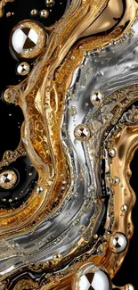 Luxury gold and silver liquid swirl wallpaper for mobile phones.