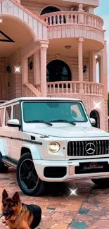 Luxury car and mansion with dog in foreground.