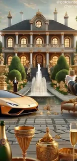 Opulent mansion with sports car and fountain in a luxurious setting.