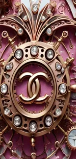 Luxurious mechanical clock design with intricate details and gemstones on pink background.