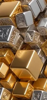 Luxury metallic cubes wallpaper with golden and silver tones.