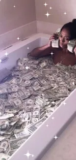 A woman in a bathtub filled with dollar bills.