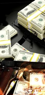 Stacks of cash with a gun on a reflective surface wallpaper.