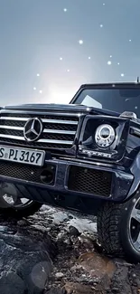 Mercedes G-Class on rugged terrain with a dynamic off-road stance.