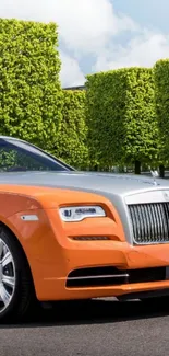 Orange luxury car on clean road with green manicured trees.