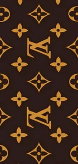 Luxury pattern wallpaper with iconic motifs in brown and gold.