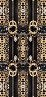 Luxurious gold and black patterned wallpaper with geometric design.