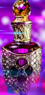 Vintage perfume bottle in gold and purple hues with ornate design, mobile wallpaper.