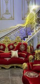 Luxury red sofa with golden accents and lightning art in elegant room decor.