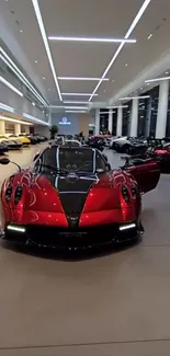 Luxury red sports car in modern showroom.