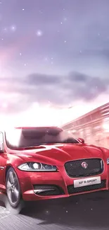 Red sports car in motion with a blurred city backdrop.