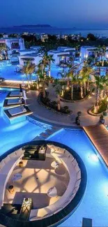 Luxurious resort pool with palm trees at twilight.