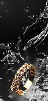 Gold ring splashing in water on a black background.