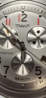Close-up of luxury silver watch face with intricate detail.