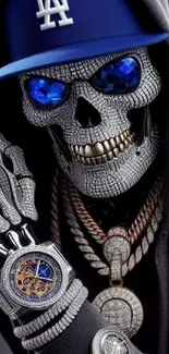 Skull with blue eyes and diamond jewelry in hoodie