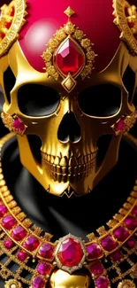 Golden skull adorned with red jewels on black background.