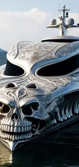 Luxury yacht with skull design on calm sea.