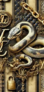 Elegant snake design with luxury brand motifs on phone wallpaper.