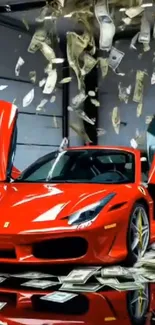 Red sports car with open doors and dollar bills falling around.