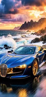 Blue luxury sports car on coastal road at sunset with waves crashing.