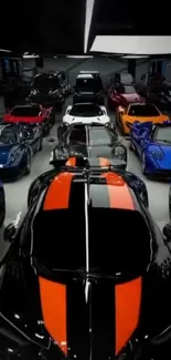 Luxurious sports car collection in garage.