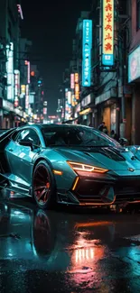 Sleek sports car on neon-lit city street at night.