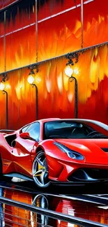 Vibrant red sports car against fiery backdrop with lights.