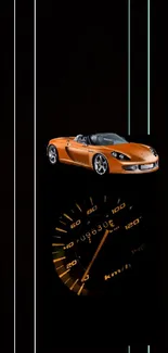 Sleek orange sports car with speedometer design wallpaper.